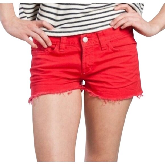 J Brand Cut Off Short Size 29 Bright Red Denim Jean Short 100% Cotton Raw Hem - Picture 9 of 9